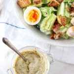 My PCOS Kitchen - Low Carb Homemade Caesar Salad Dressing - Large caesar salad with a batch of homemade sugar-free caesar dressing.